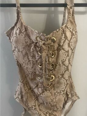 Michael Kors Beige Snake-Print Lace-Up Bodysuit